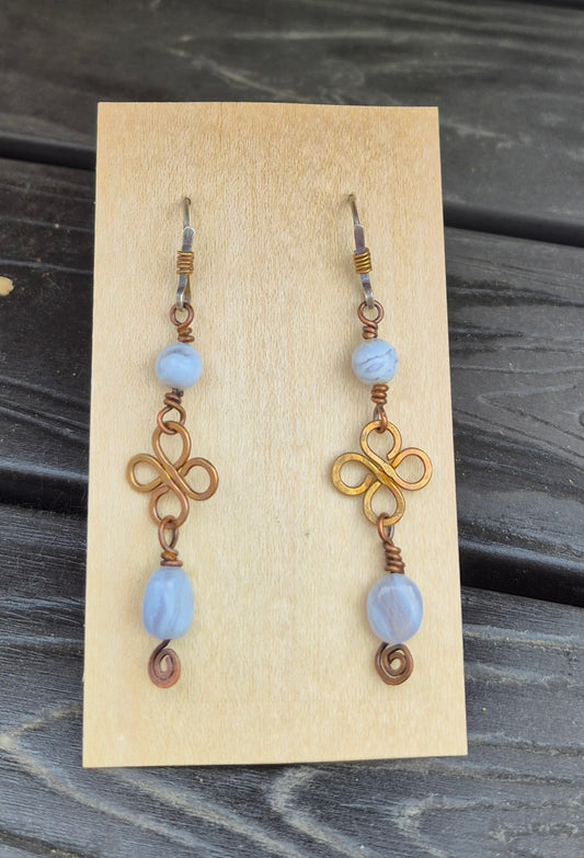 Blue Lace Agate and Brass Clover Earrings