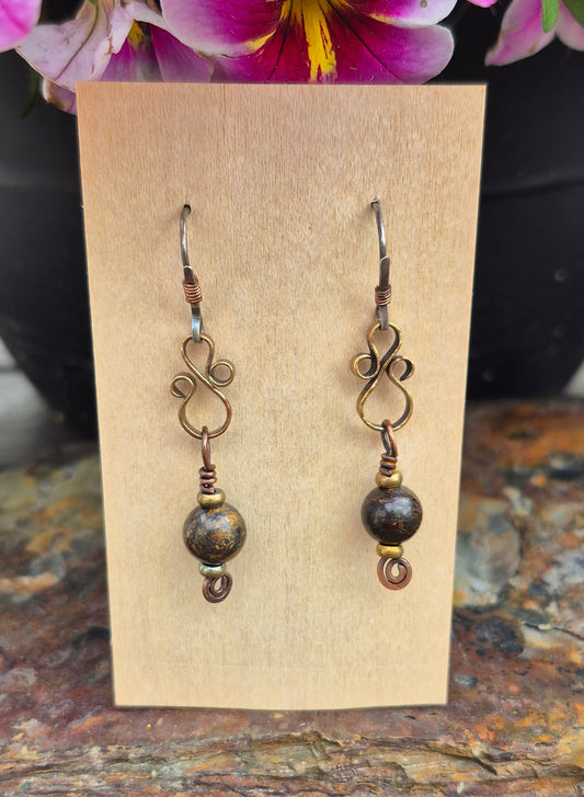 8mm Bronzite and Brass Earrings