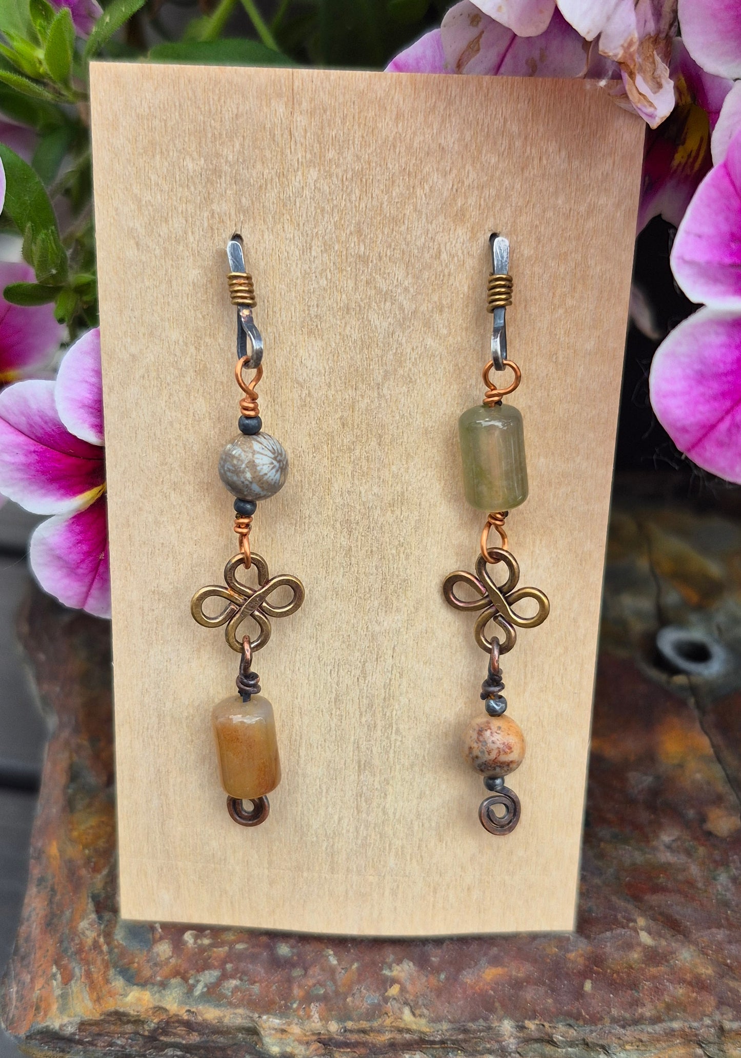 Fossilized Coral and Indian agate Clover Earrings