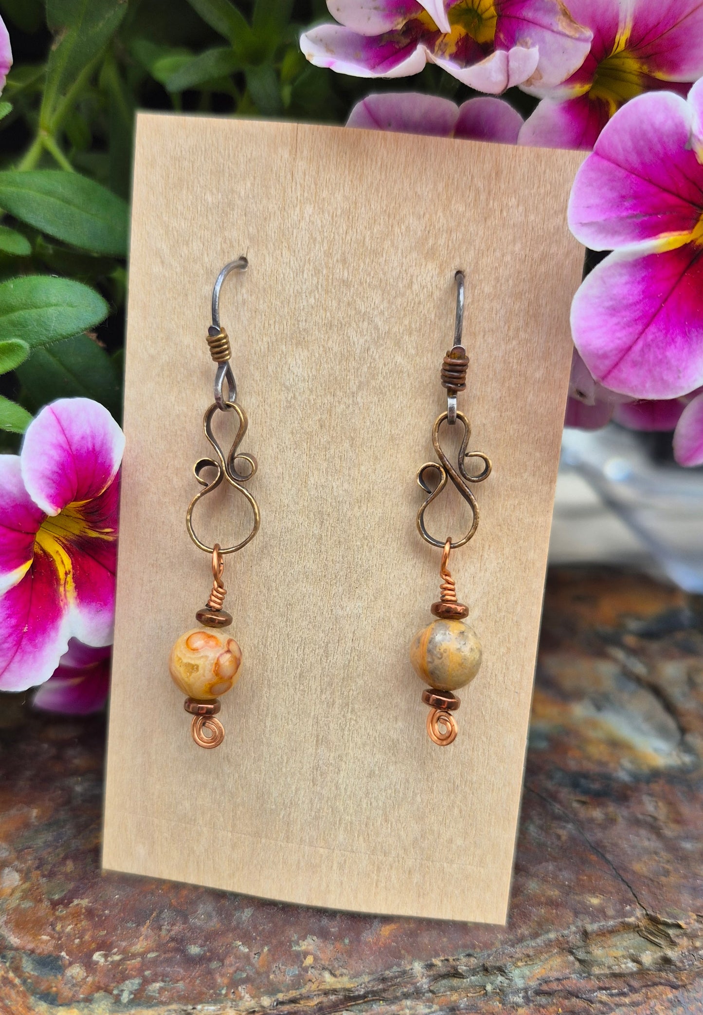 Crazy Lace Agate Brass "8" Earrings