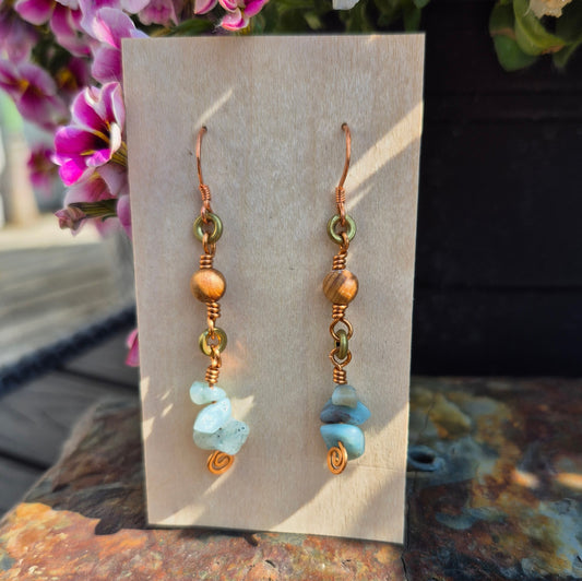 Amazonite and Cedar Wood Copper and Brass Earrings