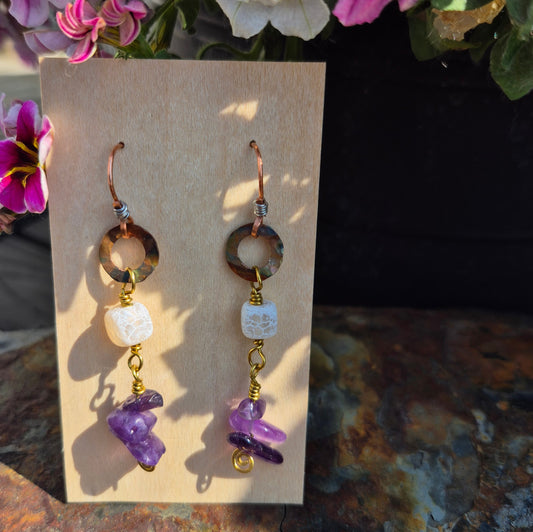 Amethyst, Crackle Quartz and Fire Painted Copper Earrings