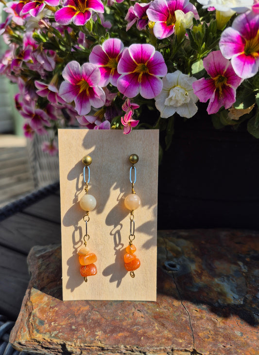 Carnelian and Flower Agate Brass Earrings