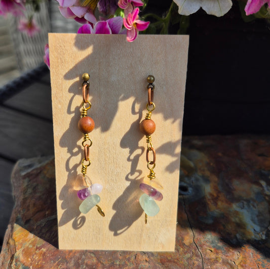 Fluorite and Sandalwood Brass Post Earrings