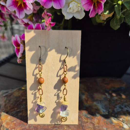 Fluorite and Sandalwood Brass Ear Wire Earrings