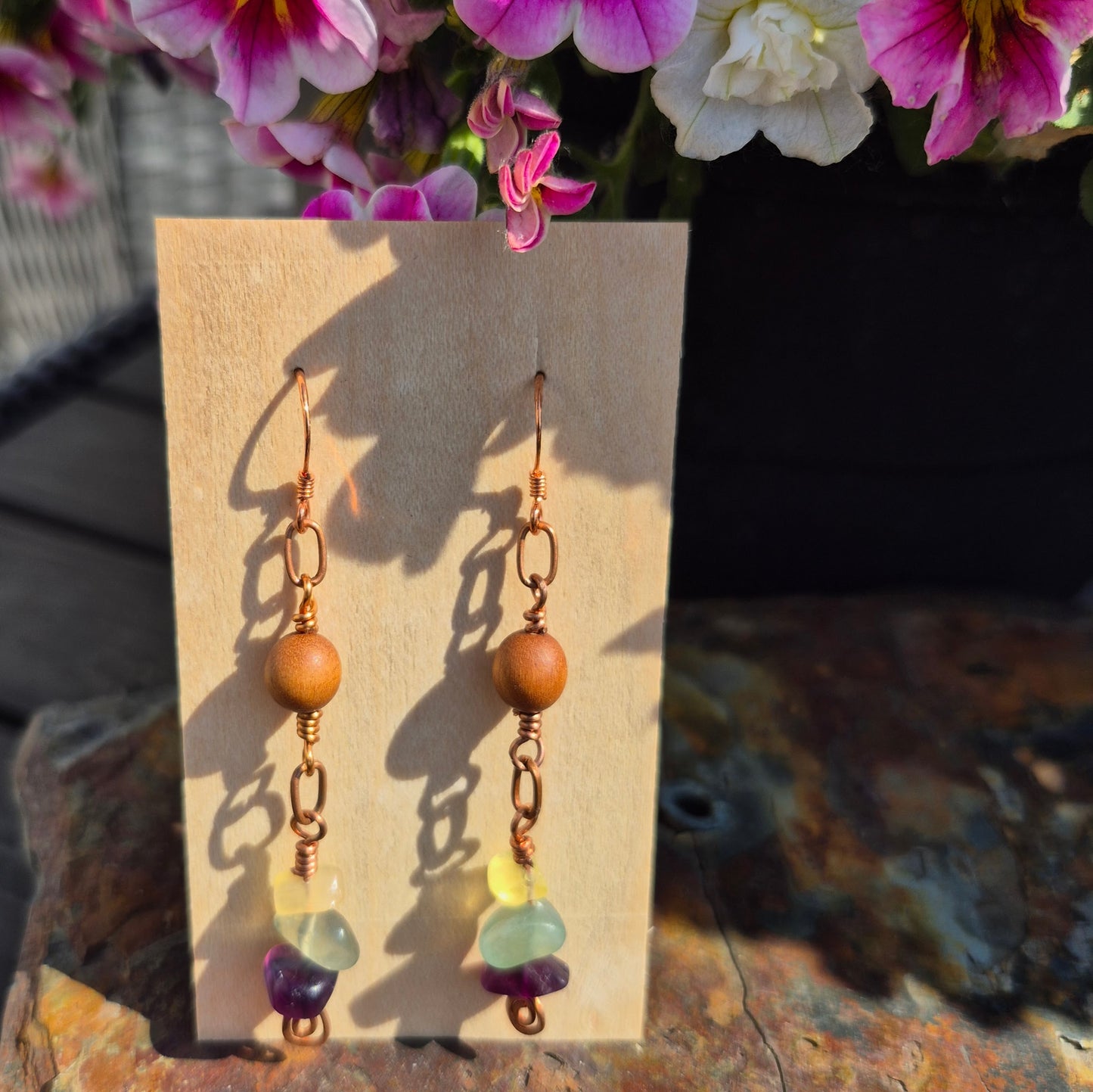 Fluorite and Sandalwood Copper Earrings