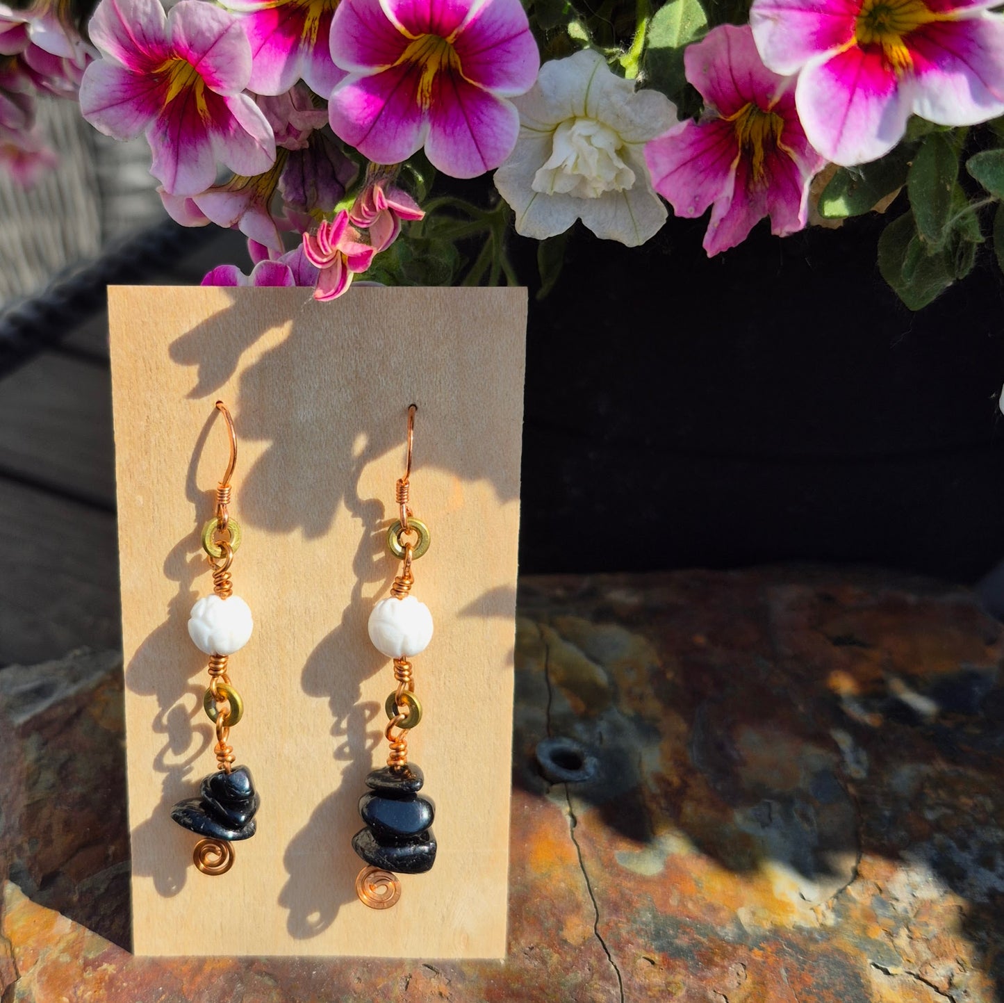 Black Tourmaline and Lotus carved Shell Earrings