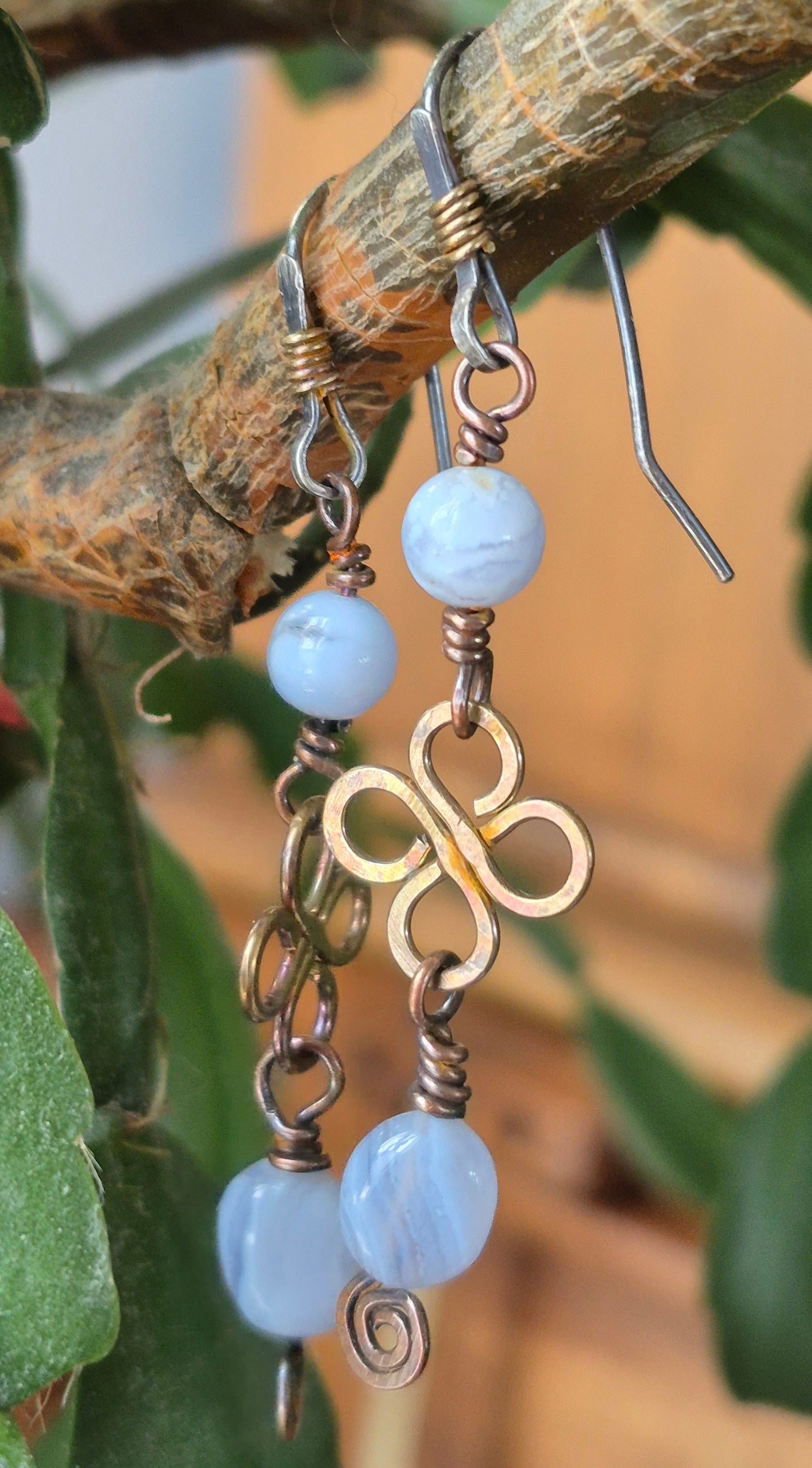 Blue Lace Agate and Brass Clover Earrings