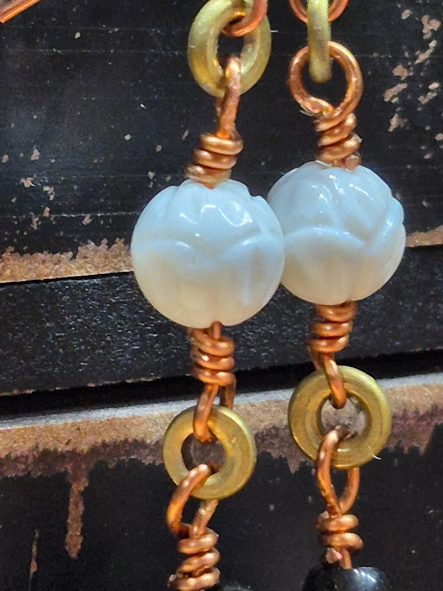 Black Tourmaline and Lotus carved Shell Earrings