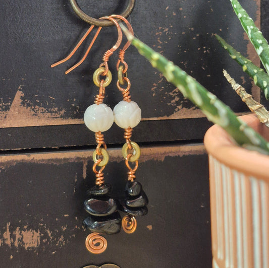 Black Tourmaline and Lotus carved Shell Earrings