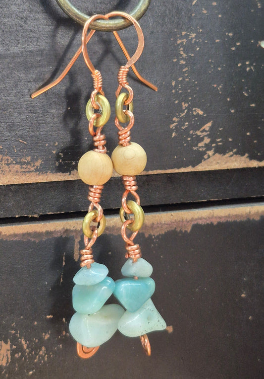Amazonite and Cedar Wood Copper and Brass Earrings