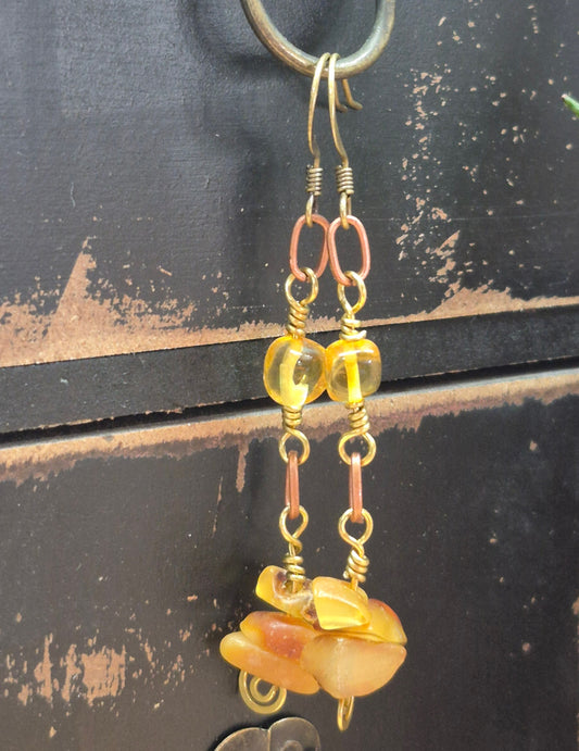 Amber and Brass Earrings