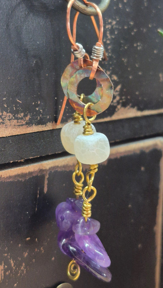Amethyst, Crackle Quartz and Fire Painted Copper Earrings