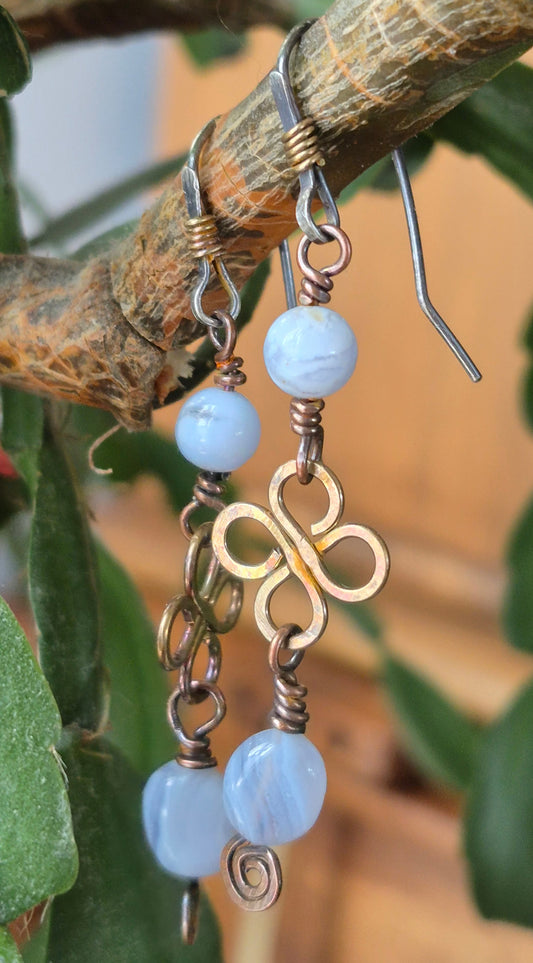 Blue Lace Agate and Brass Clover Earrings