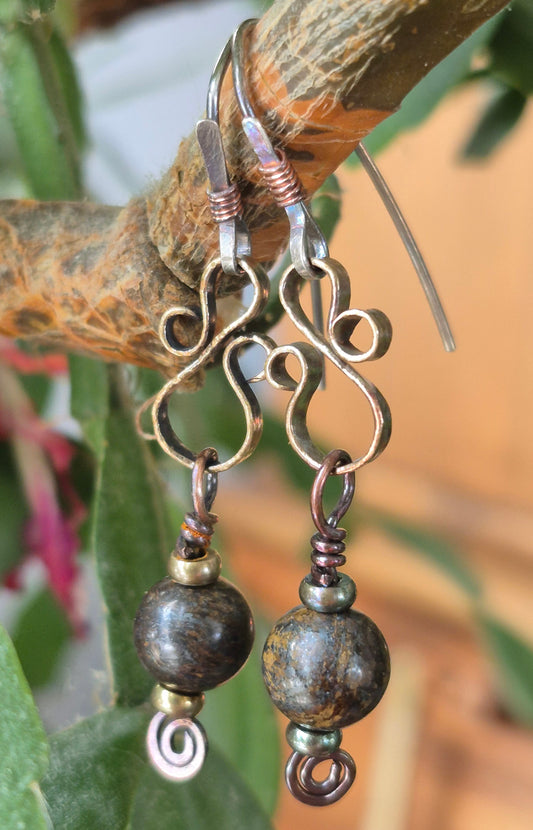 8mm Bronzite and Brass Earrings