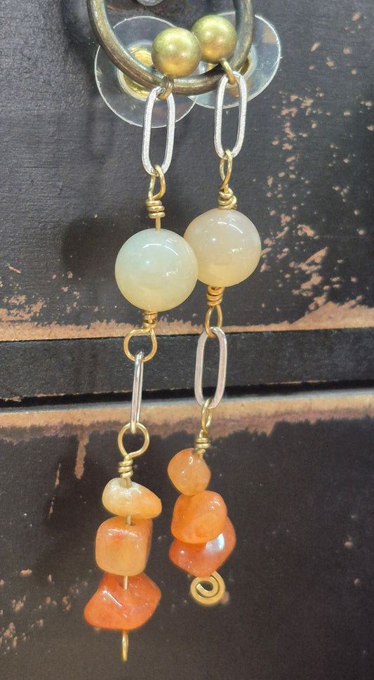 Carnelian and Flower Agate Brass Earrings