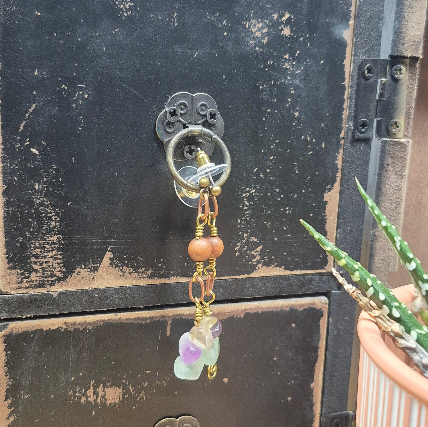 Fluorite and Sandalwood Brass Post Earrings