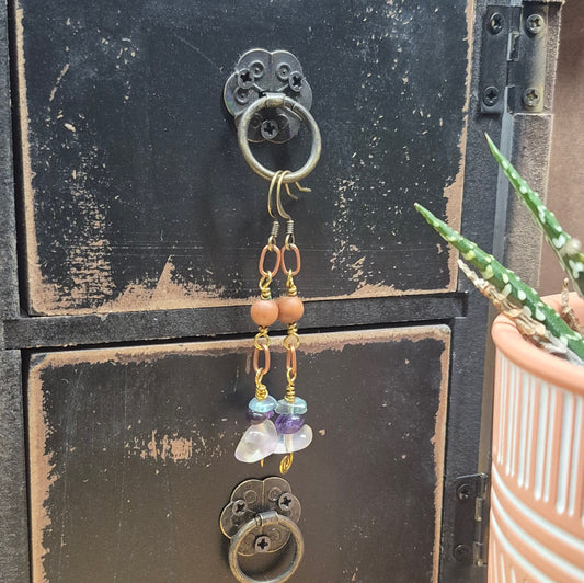 Fluorite and Sandalwood Brass Ear Wire Earrings