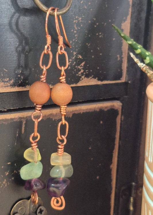 Fluorite and Sandalwood Copper Earrings